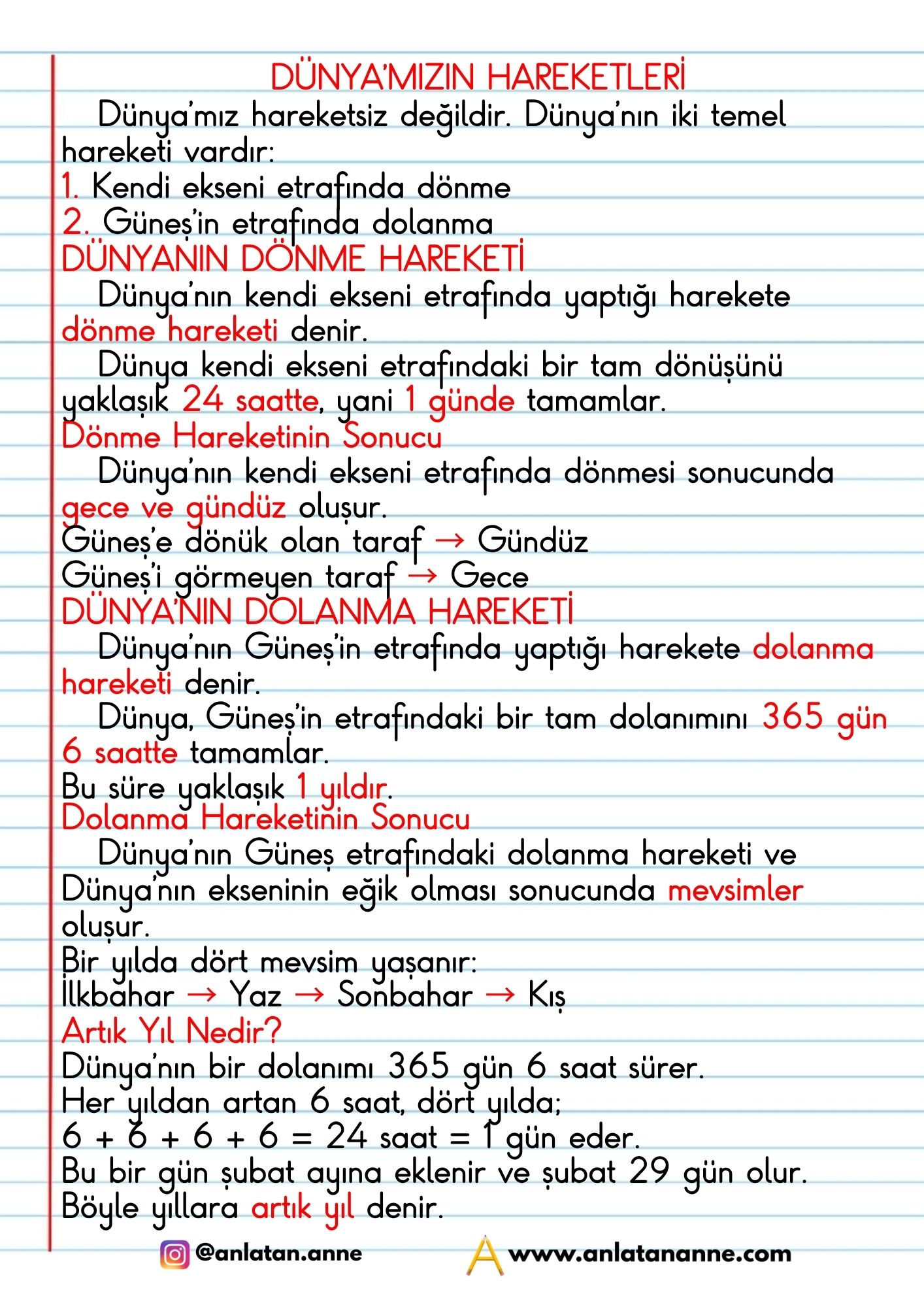 4. sınıf dünyamızın hareketleri defter notu