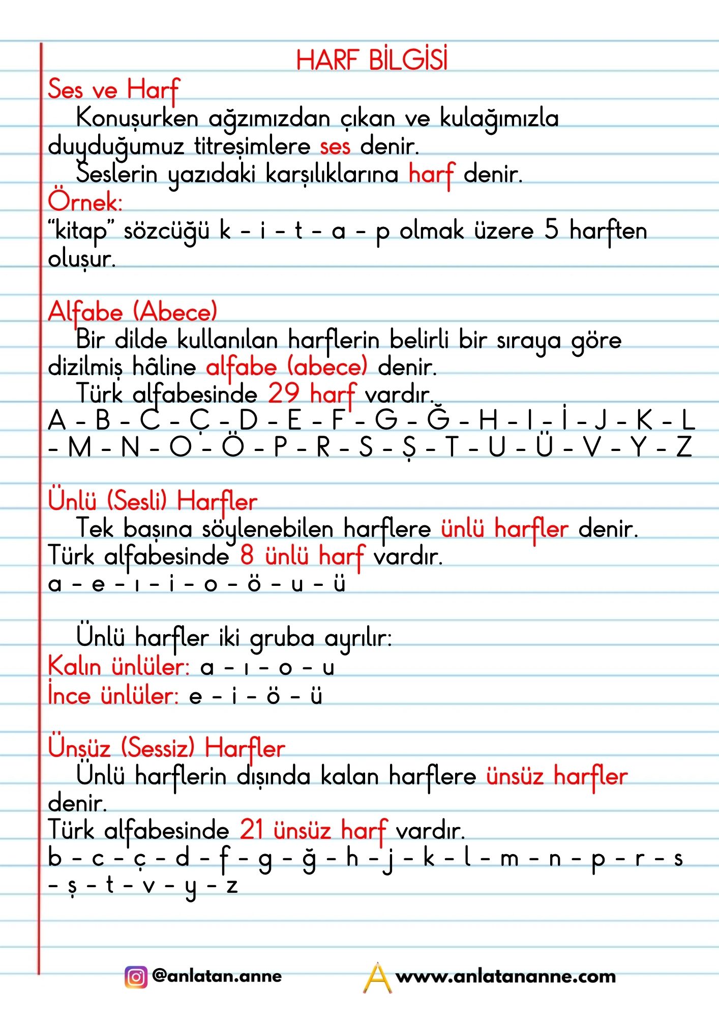 4. sınıf harf bilgisi defter notu