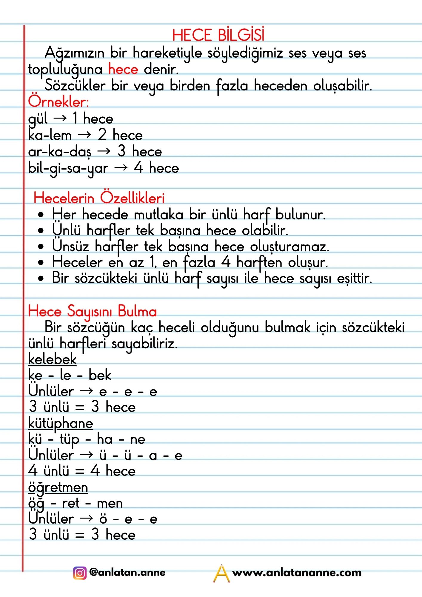 4. sınıf hece bilgisi defter notu