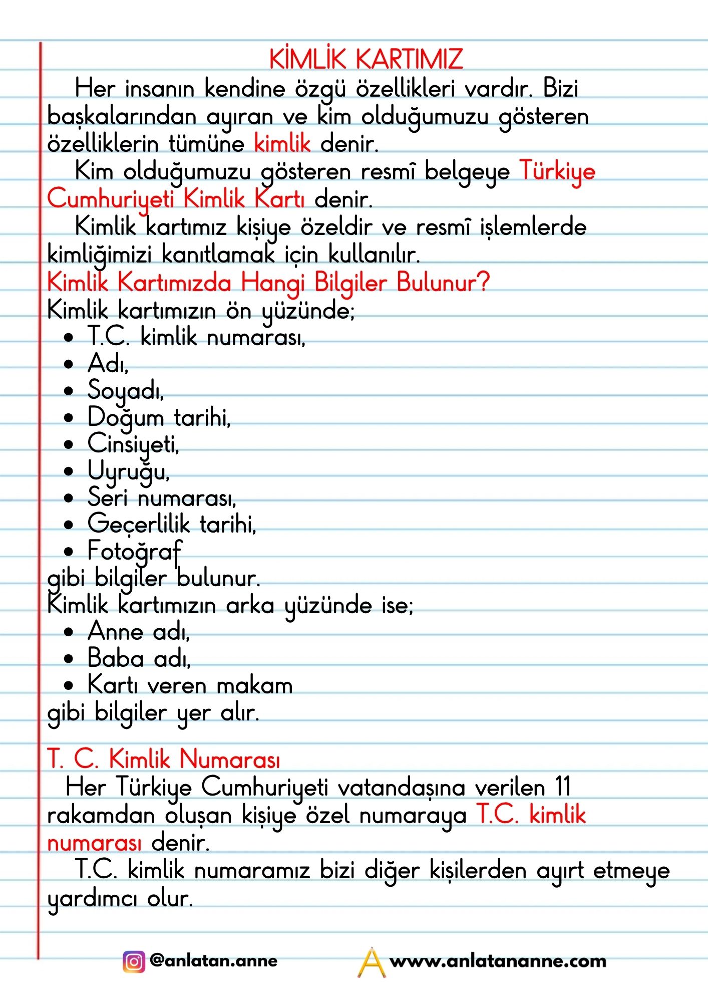 4. sınıf kimlik kartımız defter notu