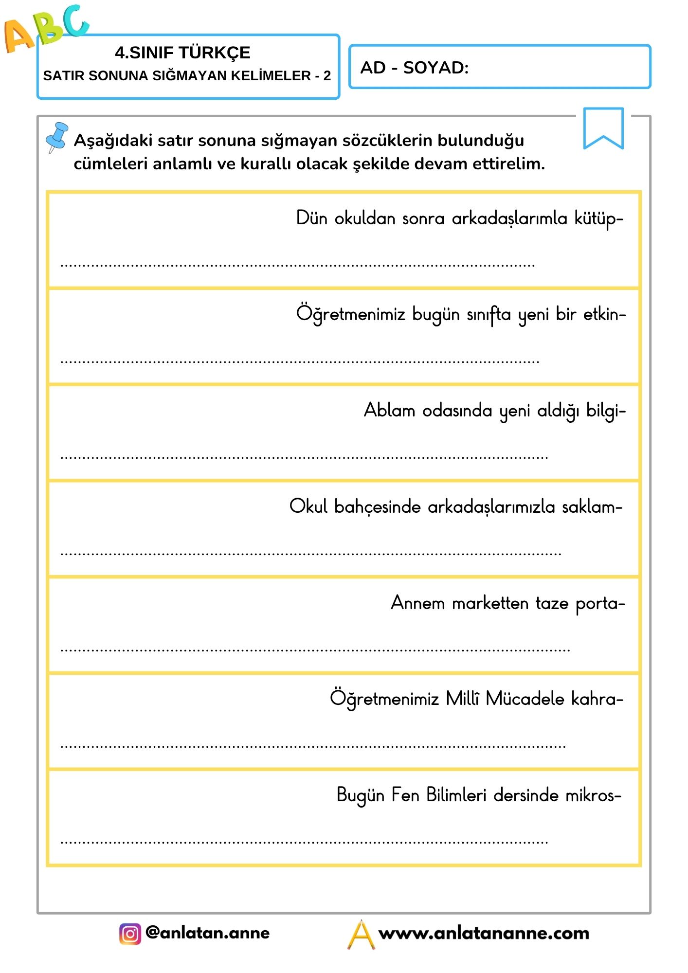 4. sınıf satır sonuna sığmayan kelimeler