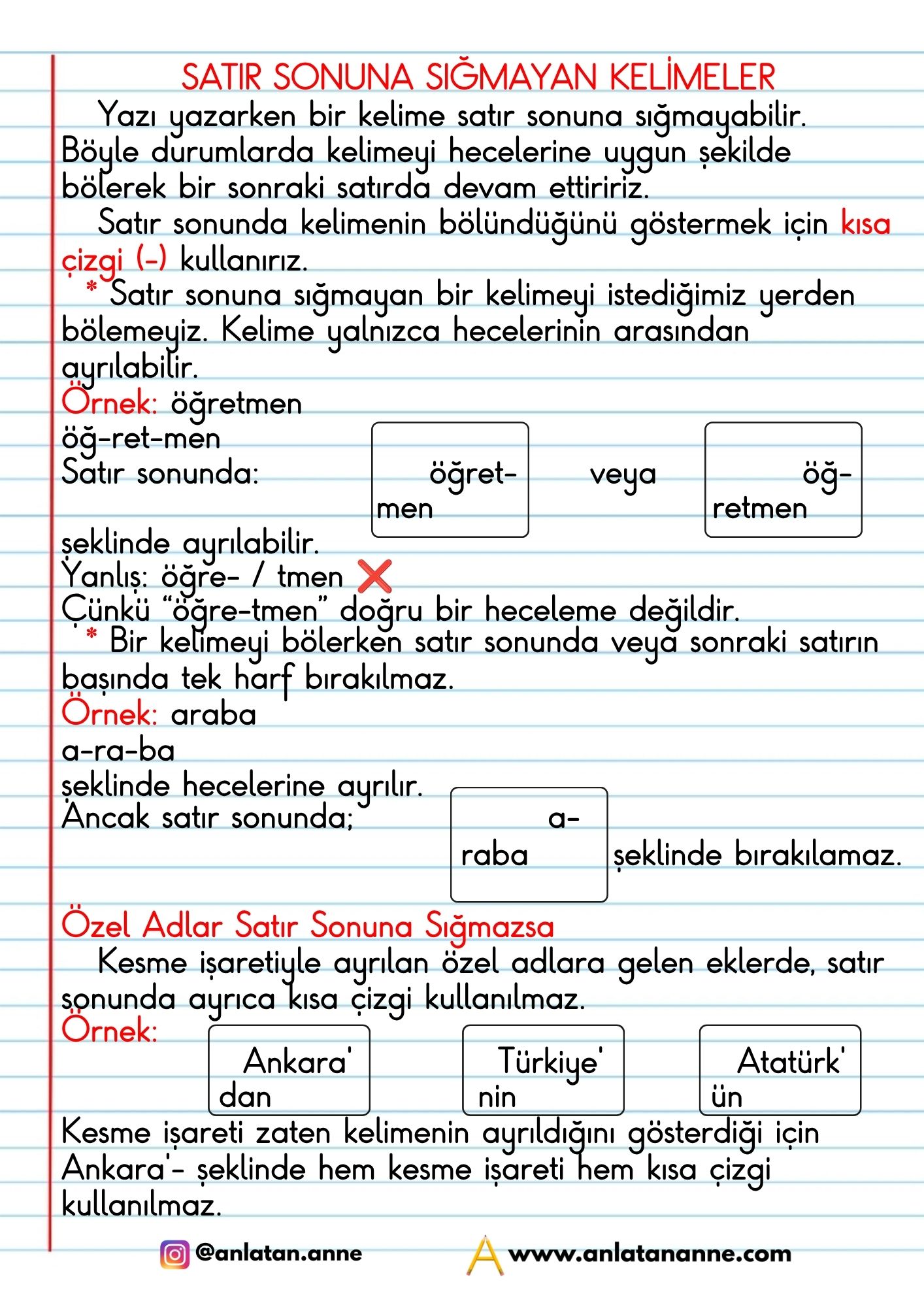 4. sınıf satır sonuna sığmayan kelimeler defter notu