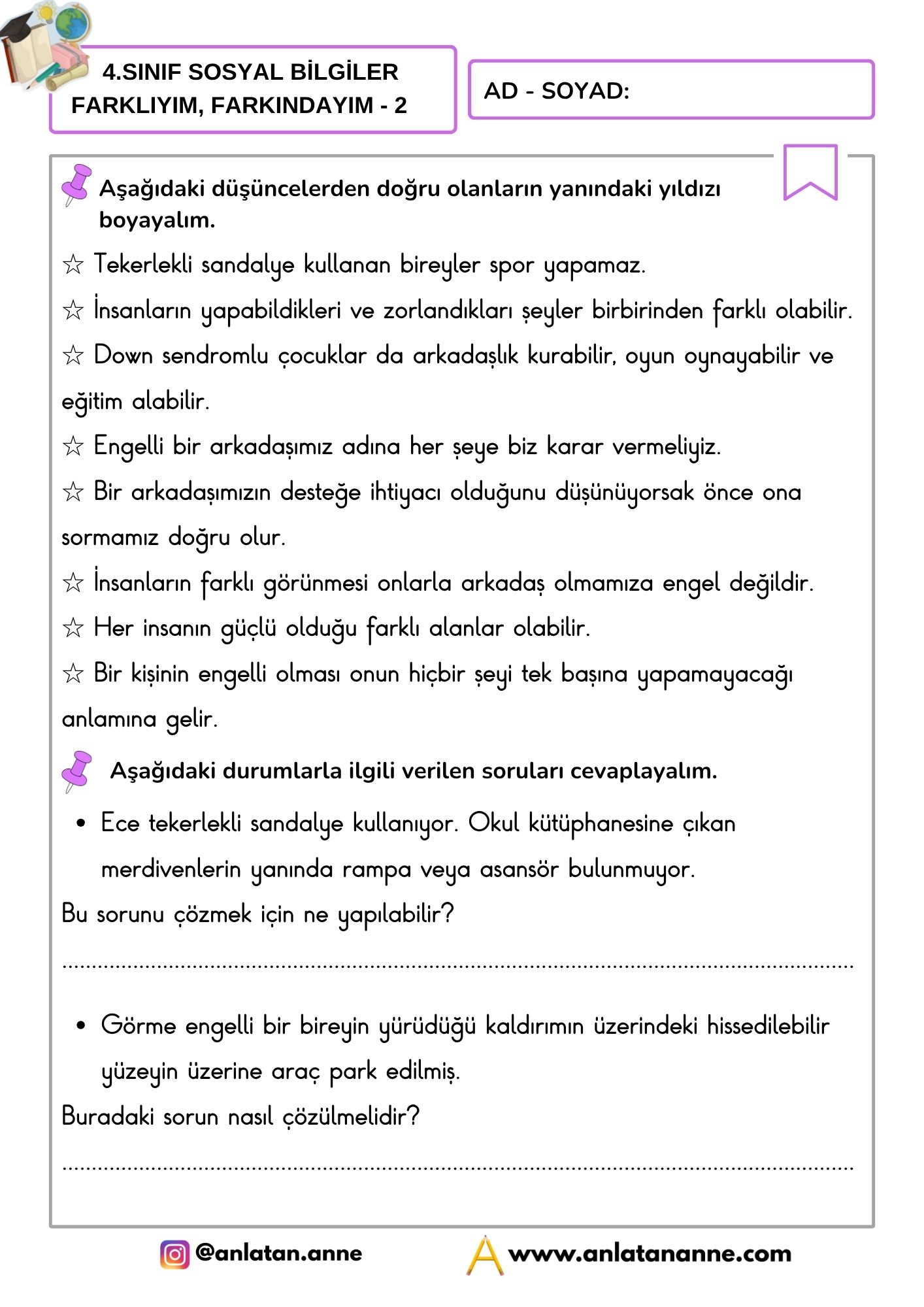 4. sınıf farklıyım farkındayım