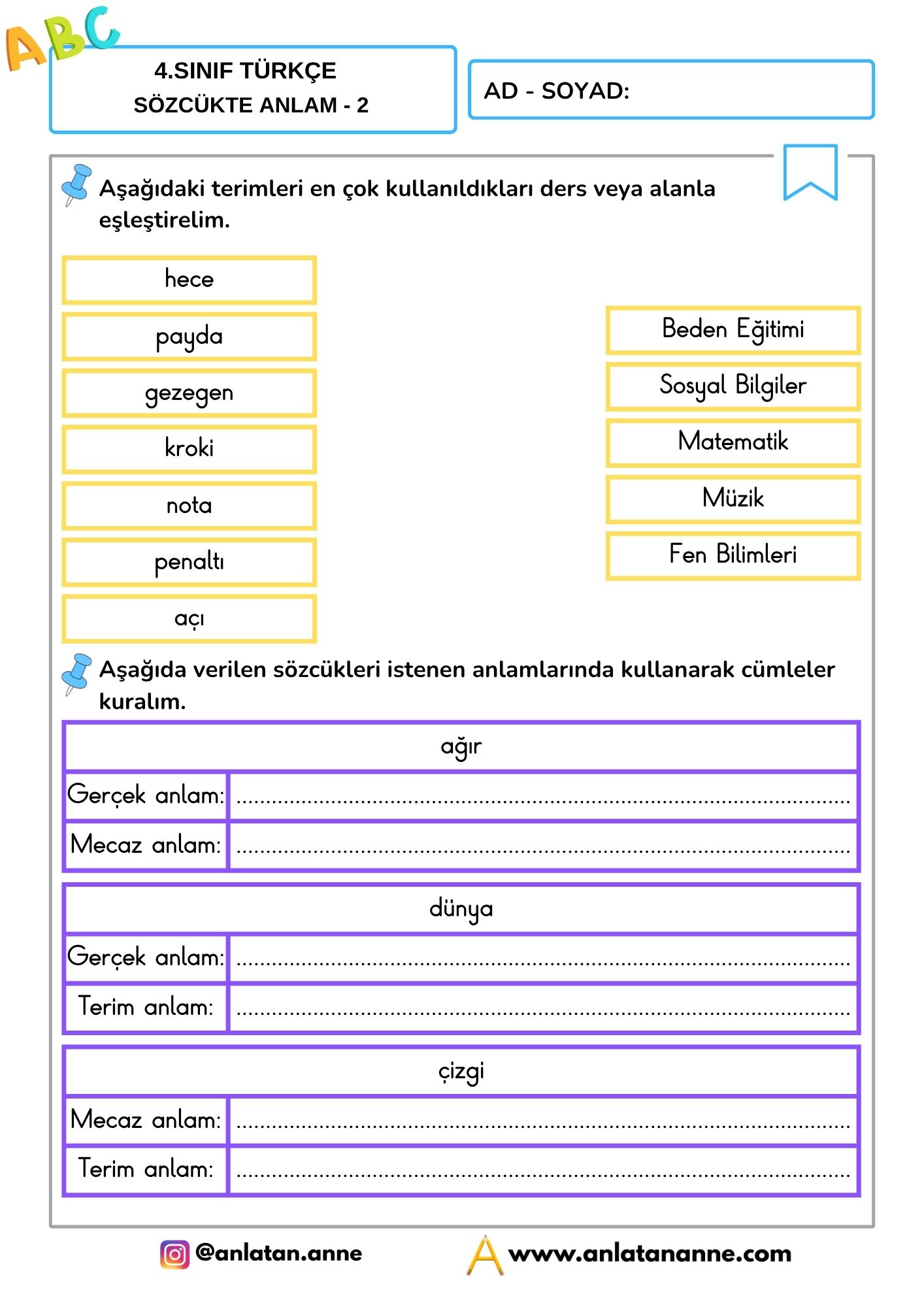 4. sınıf sözcükte anlam