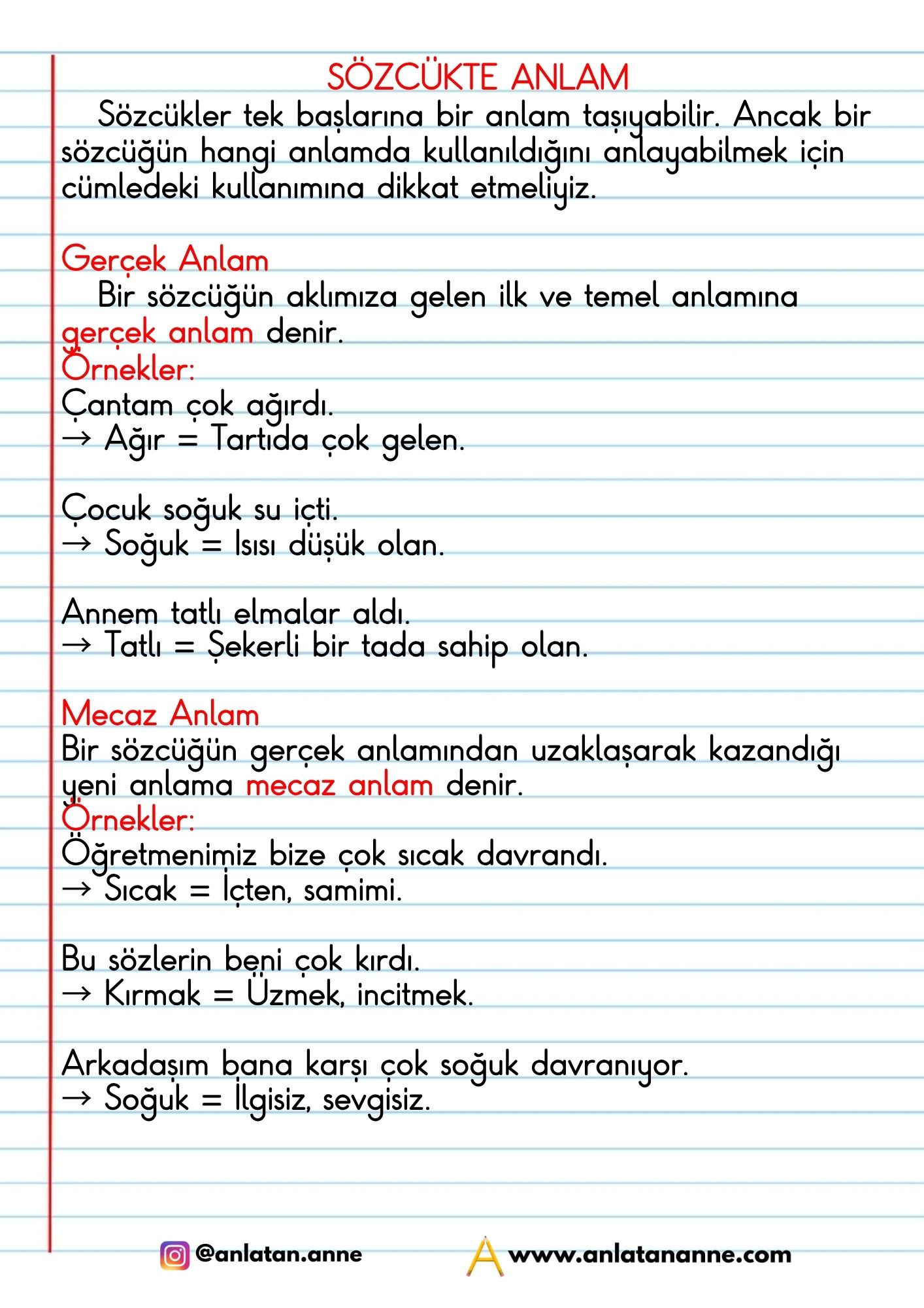 4. sınıf sözcükte anlam defter notu