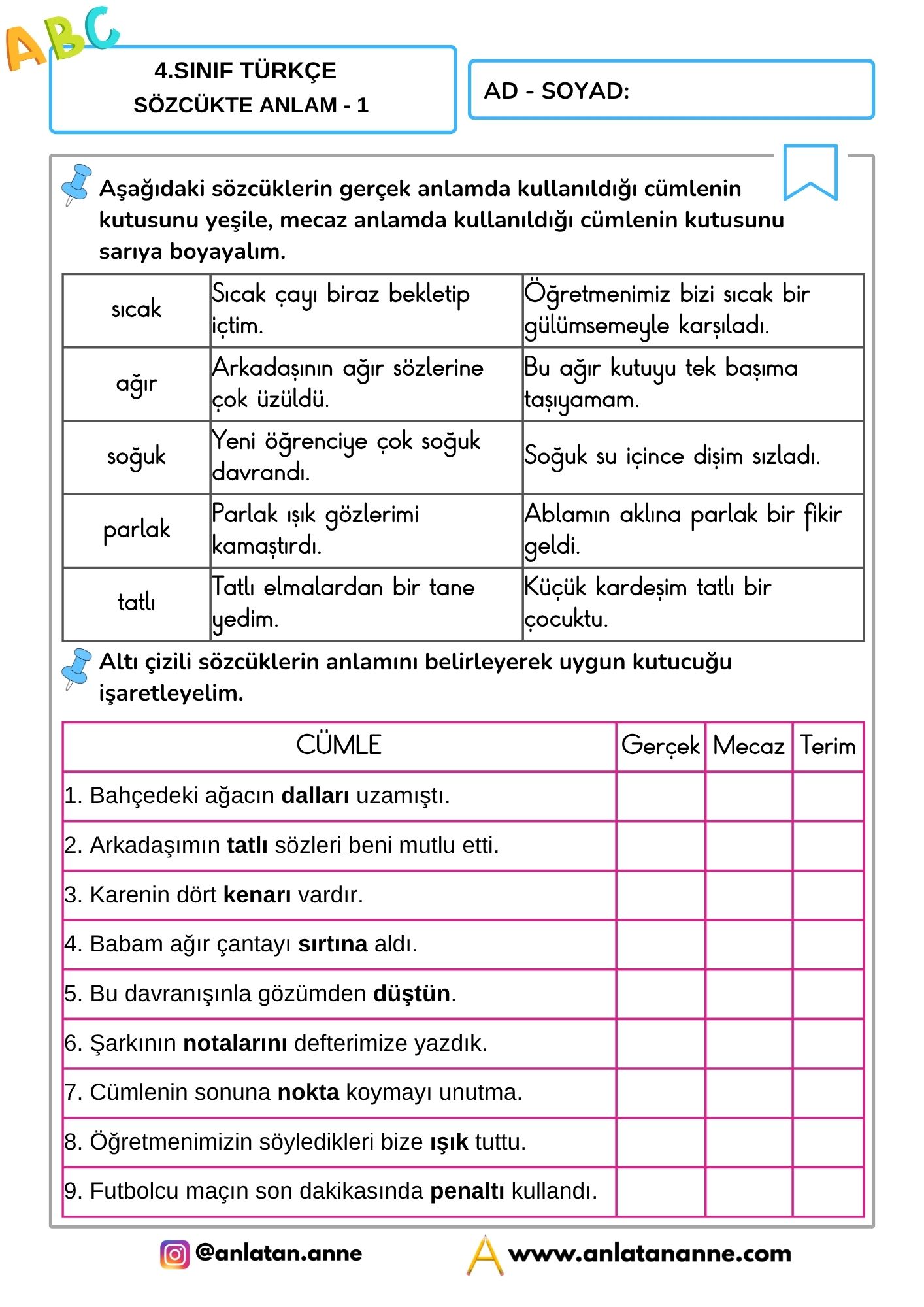 4. sınıf sözcükte anlam