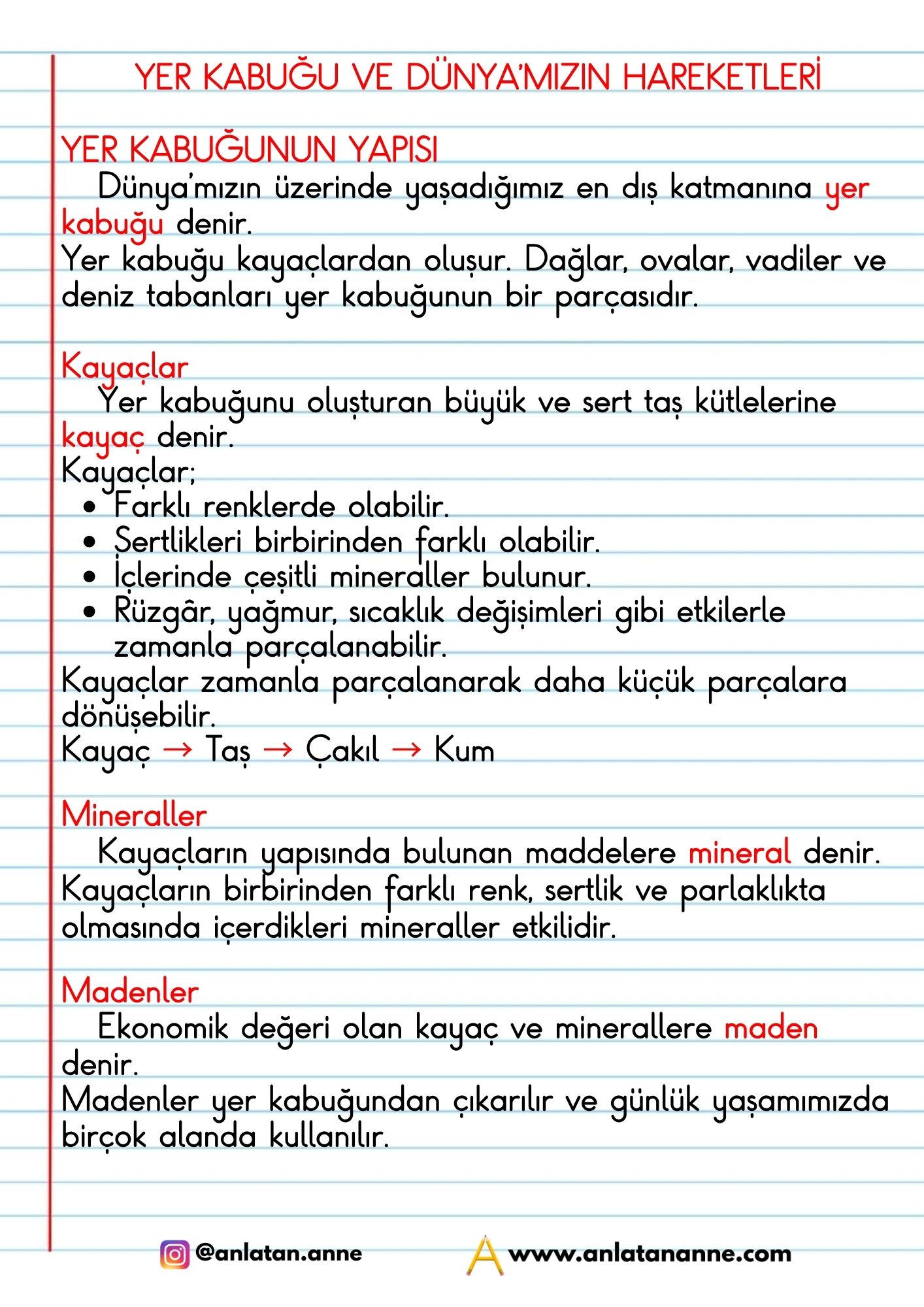 4. sınıf yer kabuğunun yapısı ve fosiller defter notu