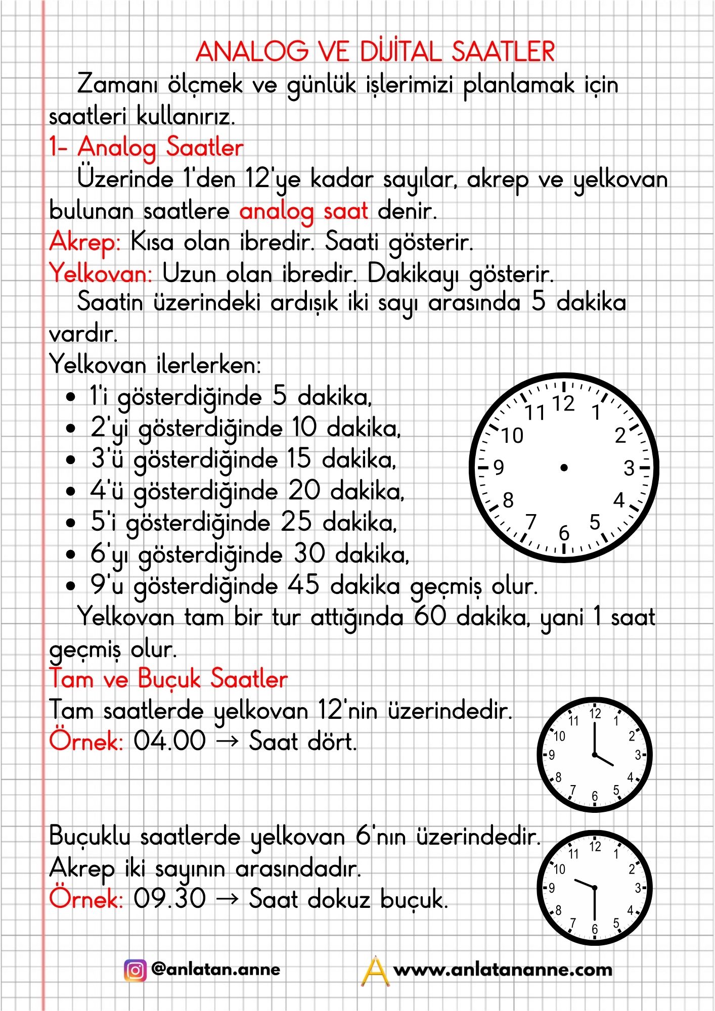 3. sınıf analog ve dijital saatler defter notu
