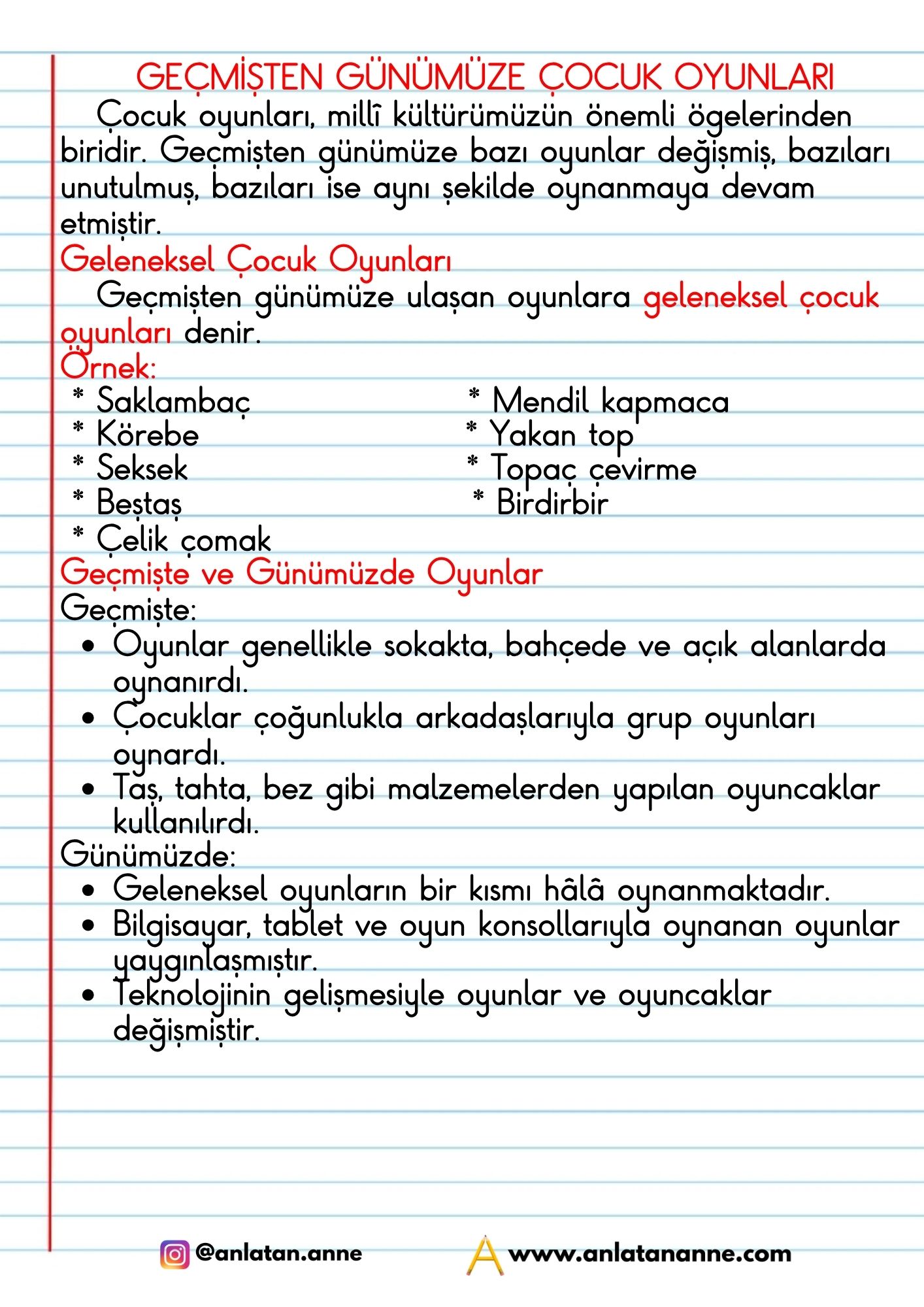 4. sınıf geçmişten günümüze çocuk oyunları defter notu