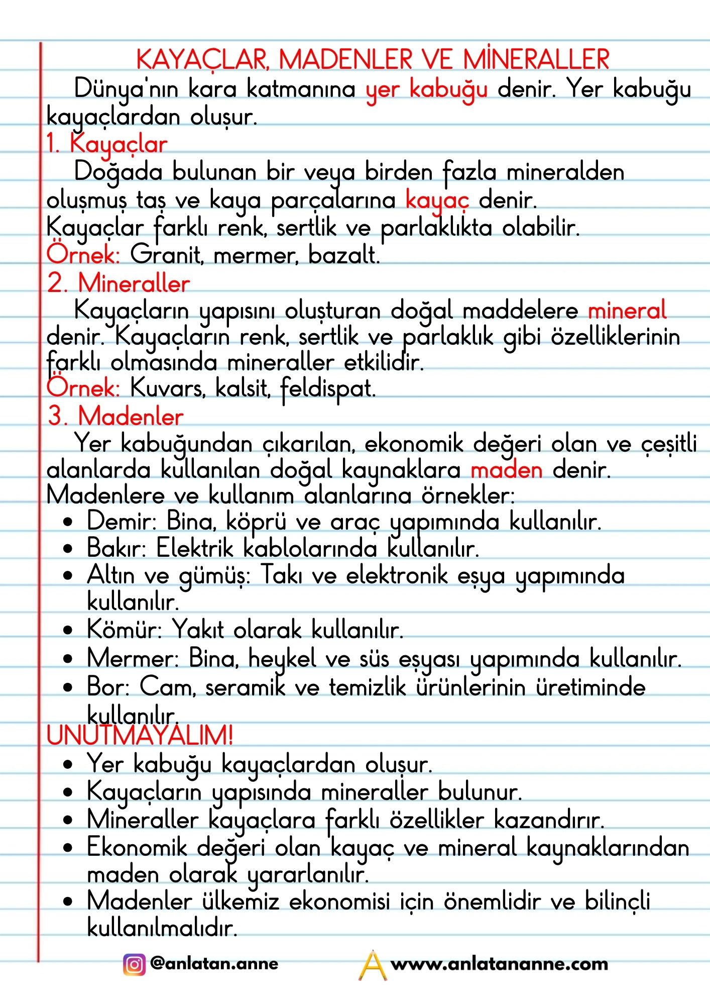 3. sınıf kayaçlar, madenler ve mineraller defter notu