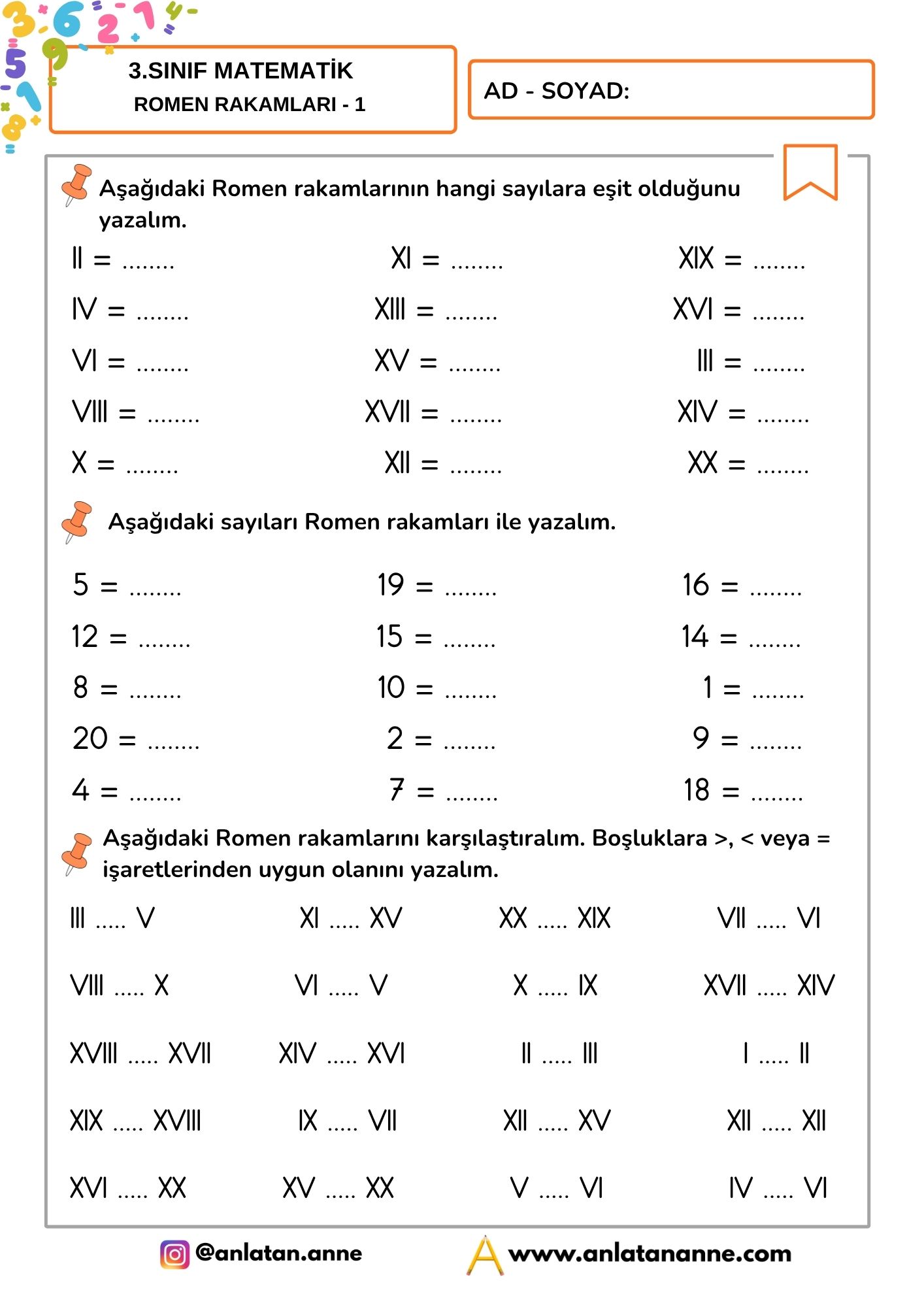 3. sınıf romen rakamları etkinliği