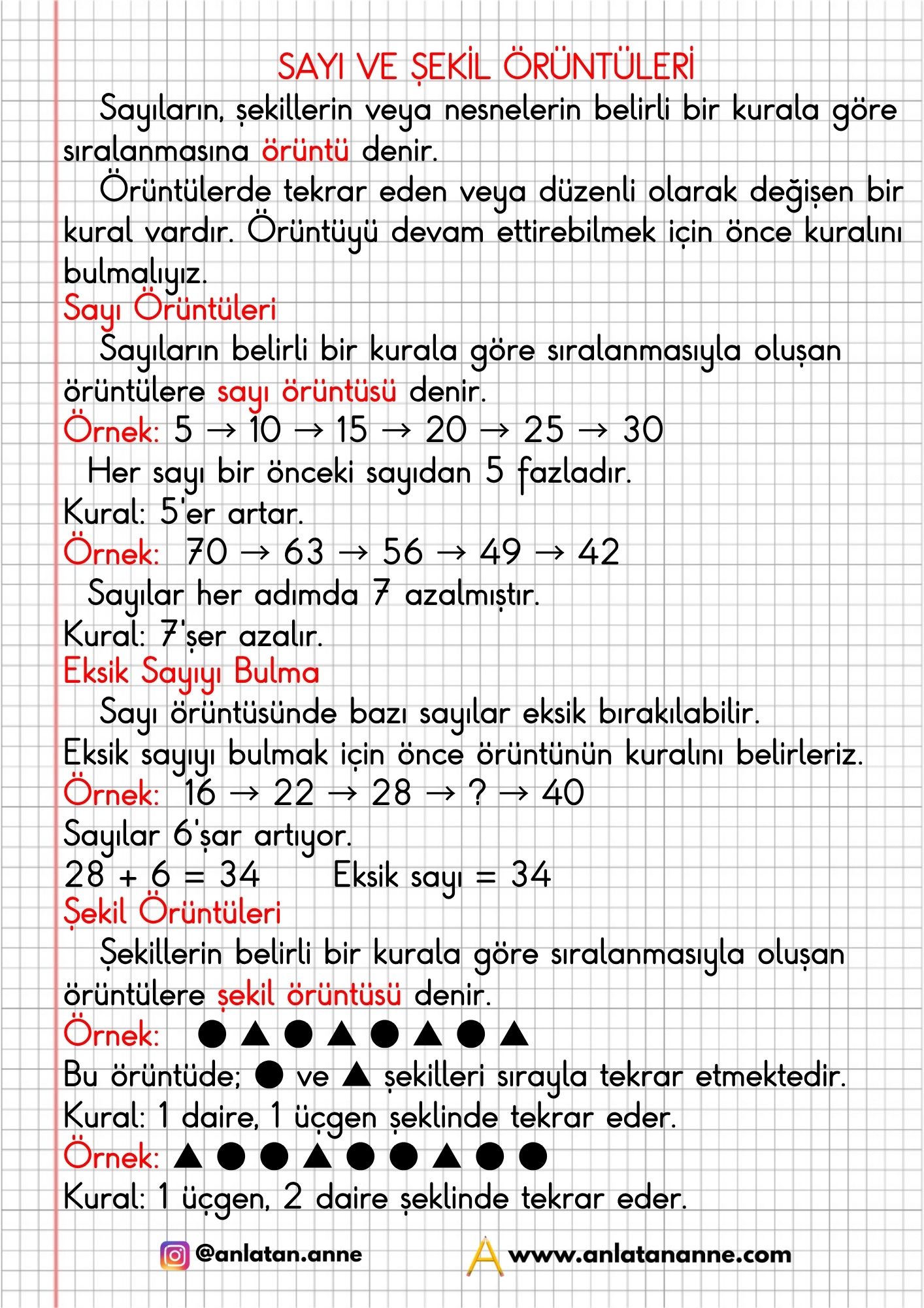 3. sınıf sayı ve şekil örüntüleri defter notu