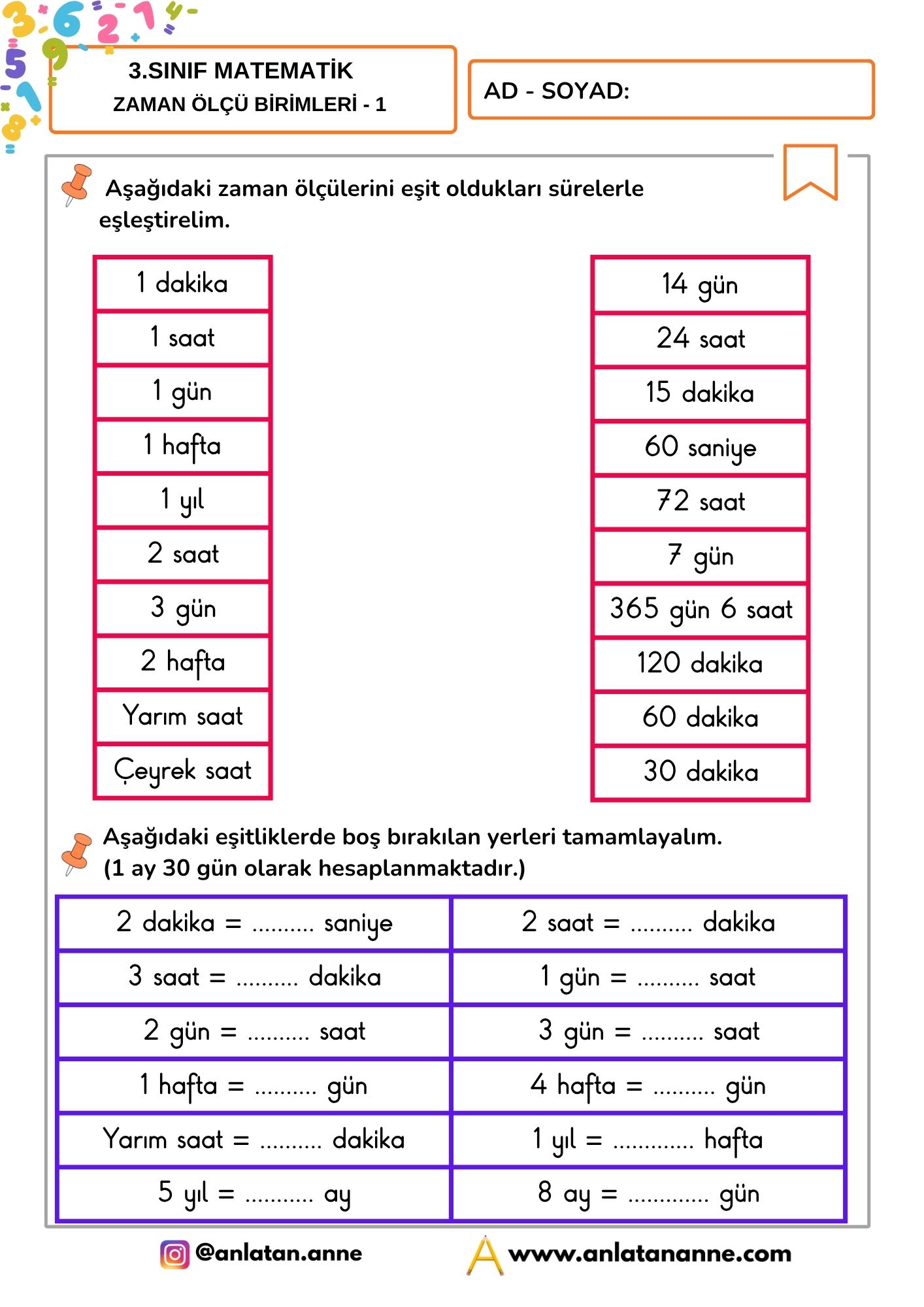 3. sınıf zaman ölçü birimleri etkinliği