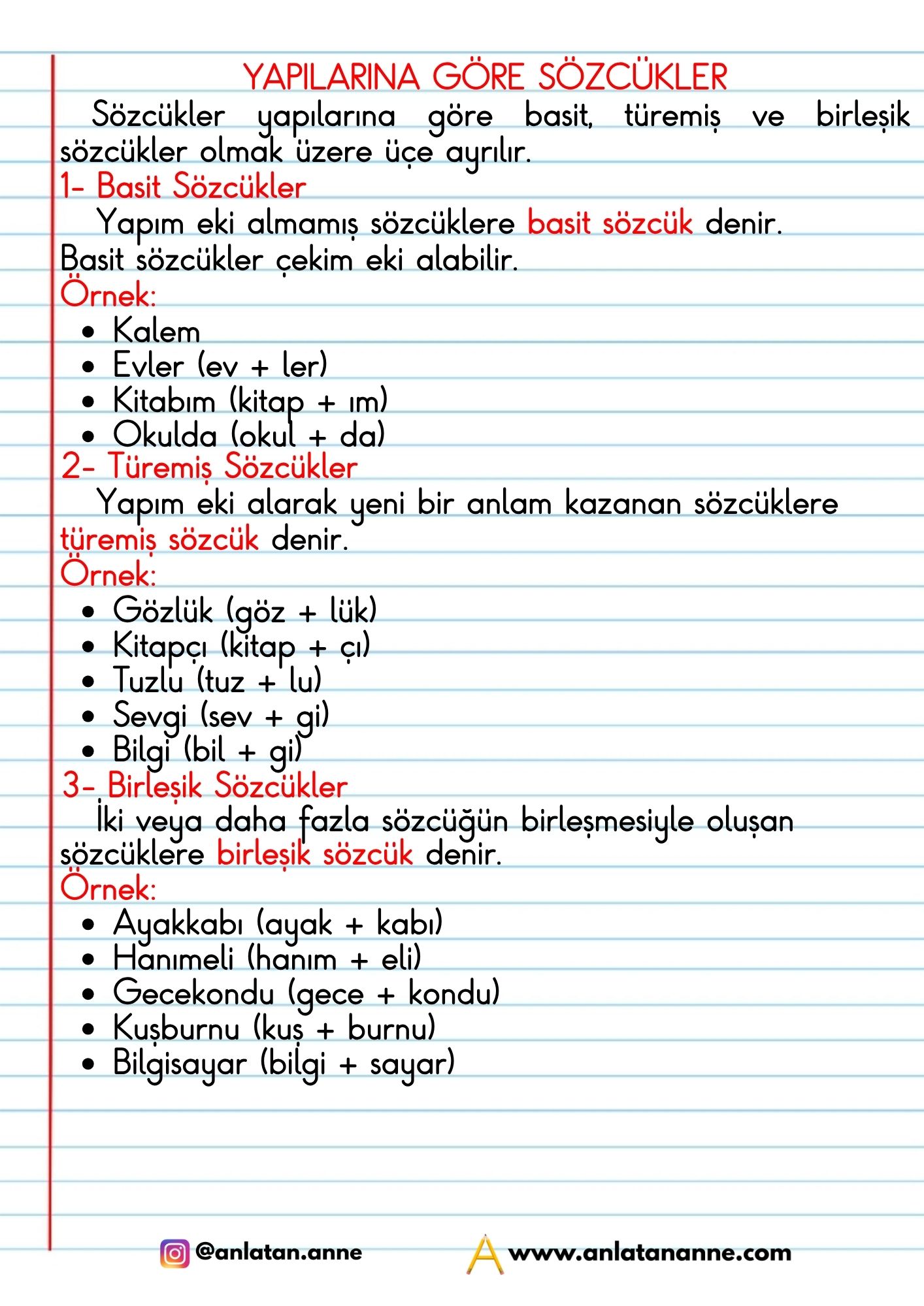 4. sınıf basit, türemiş ve birleşik sözcükler defter notu