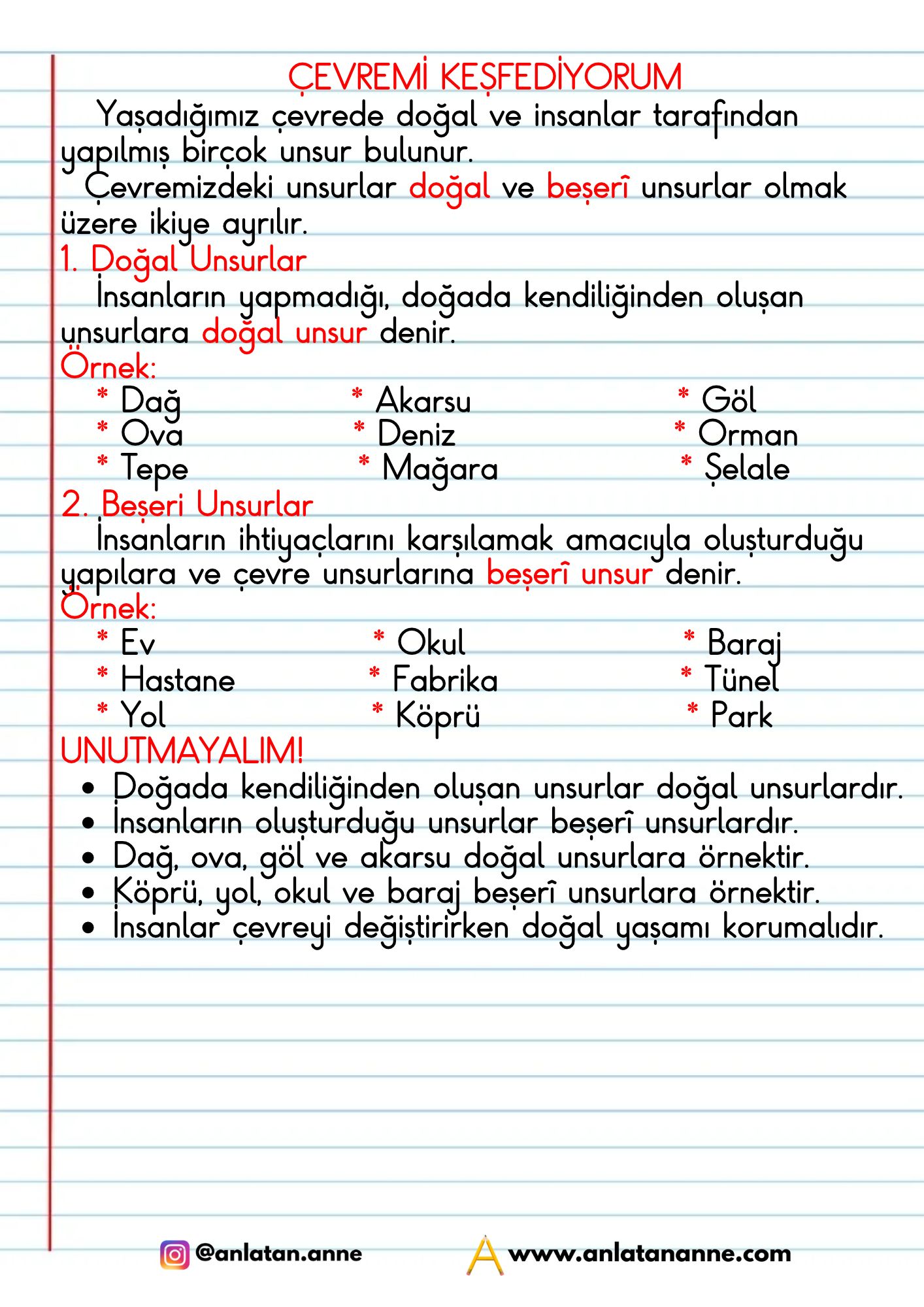 4. sınıf çevremi keşfediyorum defter notu