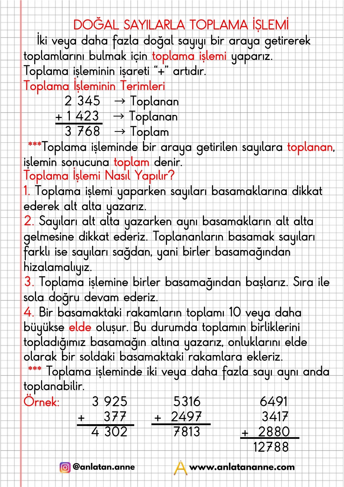 4. sınıf doğal sayılarla toplama işlemi defter notu