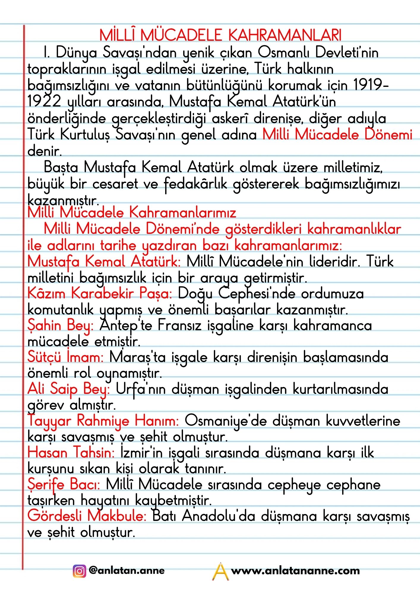 4. sınıf istiklal kahramanlarıyla milli mücadele defter notu