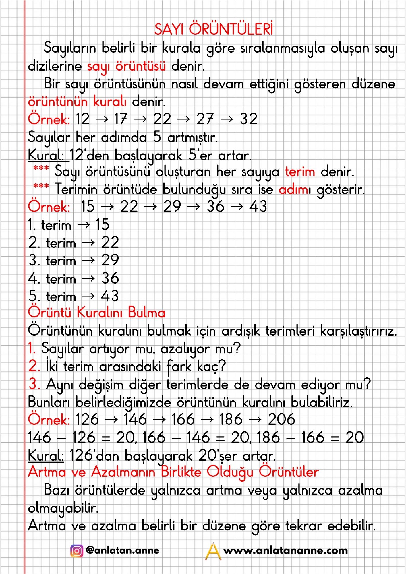 4. sınıf sayı örüntüleri defter notu