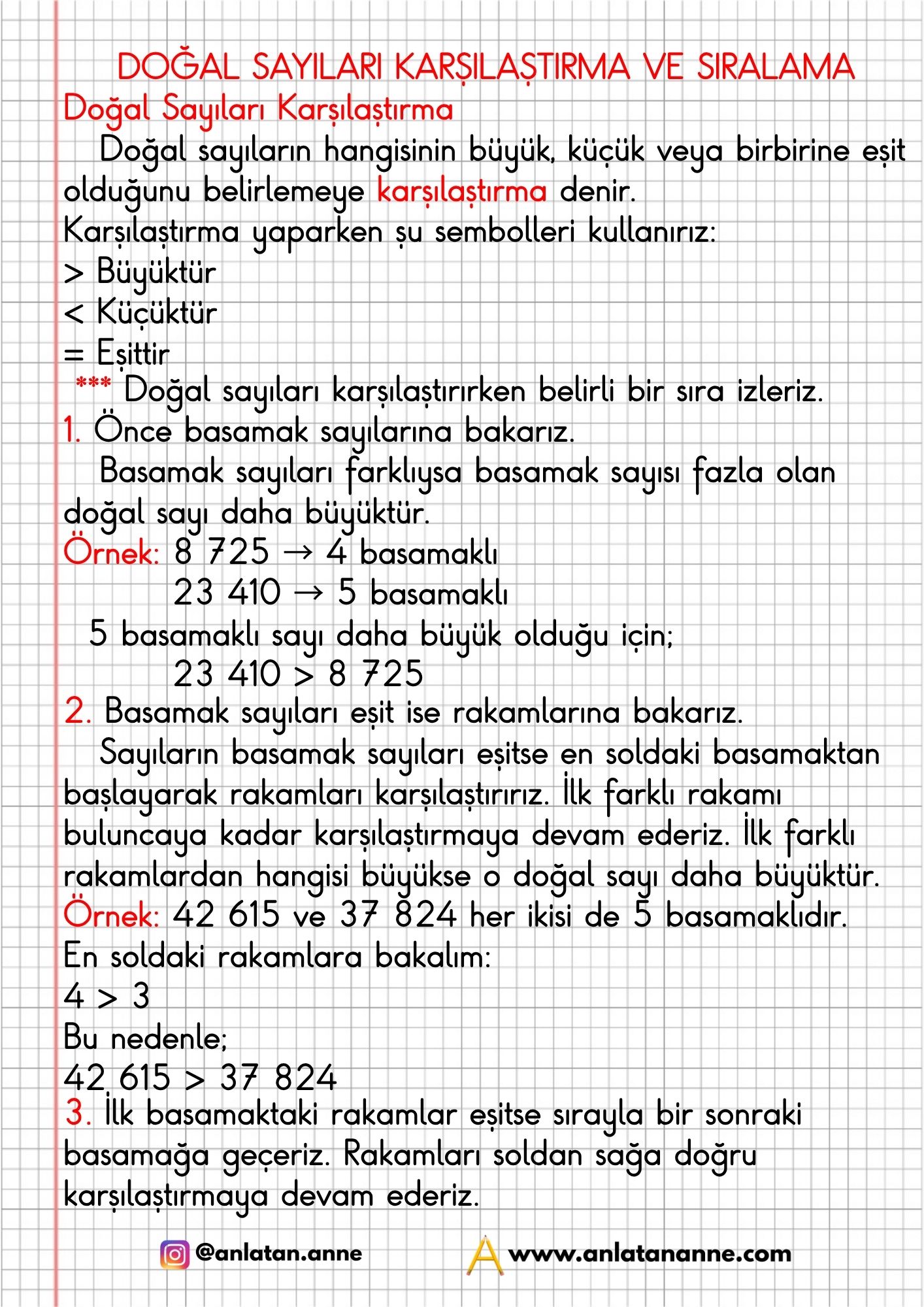 4. sınıf sayıları karşılaştırma ve sıralama defter notu